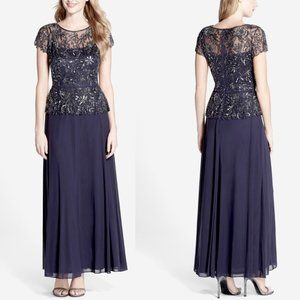 PISARRO NIGHTS BEADED MESH MOCK TWO-PIECE SLATE DRESS sz 2